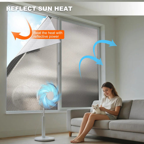 Bubble Reflective Window Insulation Roll For Winter Heat Retention With Double Sided Aluminum Foil And Bubble Layer 59 Inches By 99 Inches An Easy Cut Thermal Shield For RV Windows applied on a large window