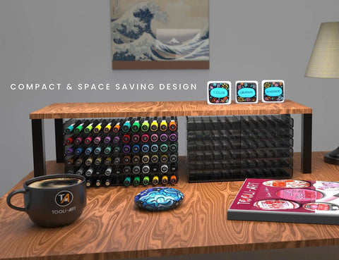 72 Slot Art Marker Storage Tray Desk Organizer With Adjustable Dividers, Modular And Expandable on wooden desk with markers