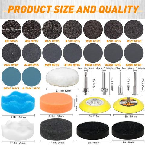 174 Piece 3 Inch Wet And Dry Sanding Disc Set With Grit 60 To 10000, various discs, polishing pads, drill attachment