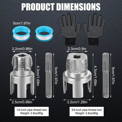 All In One Pipe Threading Kit For Home Plumbing DIY Internal And External Thread Tools In One Pack shown with dimensions
