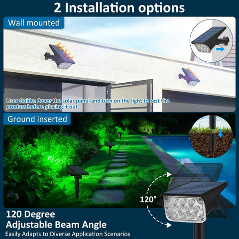 Green Solar Landscape Spotlights 4 Pack With 20 LED Beams Waterproof IP65 showing wall mounted and ground inserted options