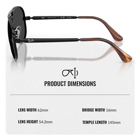 RB3925 Pilot Shape Polarized Sunglasses For Men And Women With Black Frame And Polarized Lenses All Day Everyday Wear Ready Includes Official Eyewear Kit side view with dimensions
