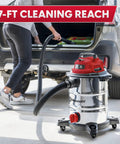Heavy-Duty 8-Gallon Stainless Steel Wet/Dry Vacuum with 83-Inch Lift in action, 17-Foot Reach, Red Edition, car cleaning