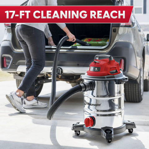 Heavy-Duty 8-Gallon Stainless Steel Wet/Dry Vacuum with 83-Inch Lift in action, 17-Foot Reach, Red Edition, car cleaning