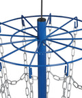 Top view of the Portable Disc Golf Basket Target With 12 Chains, sturdy steel base, detail of blue frame and chain setup.
