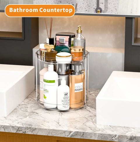 Two Tier Lazy Susan Turntable For Cabinets And Pantry 9.5 Inch Diameter holding cosmetics on bathroom countertop