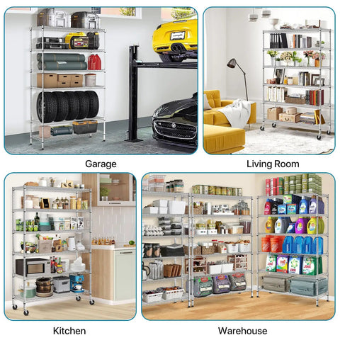 Beefy 6-Tier Wire Shelving Unit With Wheels, 6000 lb Capacity Steel Rack for Garage and Shop, Adjustable NSF Shelves, Black Finish, 48L X 18W X 72H, Quick Snap Assembly No Tools Required in garage and living room