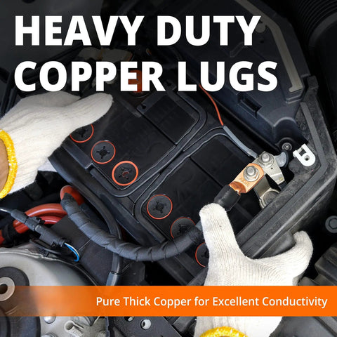 Heavy Duty Battery Terminal Connectors, Tough As Nails 1/0 Awg 3/8 Inch Copper Wire Lugs in use with automotive battery.