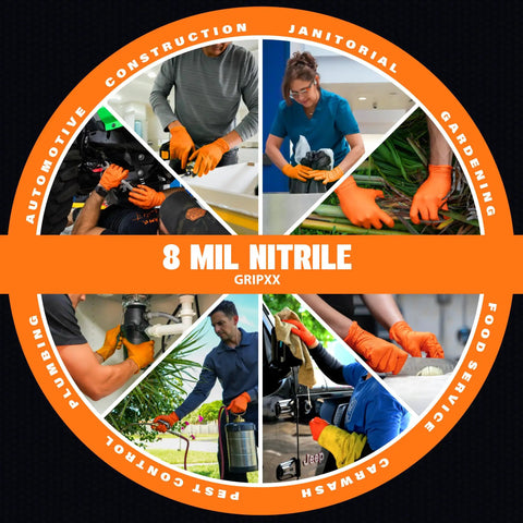 Kickass Heavy Duty 8 Mil Orange Nitrile Gloves With Diamond Textured Grip, Latex And Powder Free For Industrial Mechanic Shops, Ultra Thick Chemical Resistant Protection, 10 Pack Large shown in various work environments.