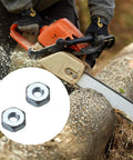 Six Pack Chainsaw Sprocket Cover And Bar Nut Pro Grade Replacement Kit For MS Series showing chainsaw in use with kit inset