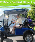 Woman and child seated in a blue golf cart equipped with 61 Inch Retractable DOT Seat Belts For Golf Carts And Go Karts.