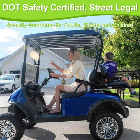 Woman and child seated in a blue golf cart equipped with 61 Inch Retractable DOT Seat Belts For Golf Carts And Go Karts.