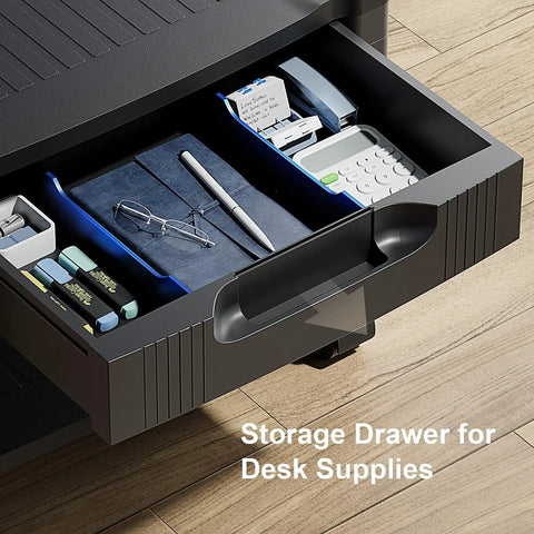 Open storage drawer of Printer Stand With Space Saving Cable Management And Storage Drawer, Rolling Printer Cart With Locking Wheels