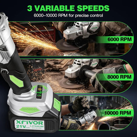 Heavy Duty Cordless Angle Grinder With Brushless Motor And 125mm Discs Featuring Three Speed Settings for precise metal and stone work.