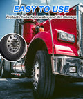 Red truck with a close-up of trailer wheel hub featuring Four Pack 1.98 Inch Grey Rubber Bearing Caps For Trailer Wheel Hubs Protect Bearings From Dust Debris And Moisture.