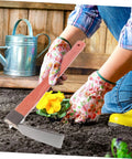 Gardener using Heavy Duty Stainless Steel Garden Hoe With Ergonomic Wooden Handle Lightweight Planting Tool in flower bed