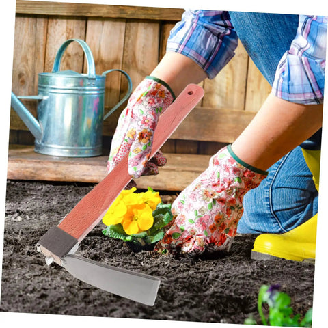 Gardener using Heavy Duty Stainless Steel Garden Hoe With Ergonomic Wooden Handle Lightweight Planting Tool in flower bed