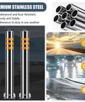Hella Sturdy Heavy Duty Stainless Steel Safety Bollards 2 Pack Removable Parking Barrier Posts With Lock And Reflective Strips For Driveway Security And Traffic Control Outdoor Guard Posts displayed with reflective bands and weather images.