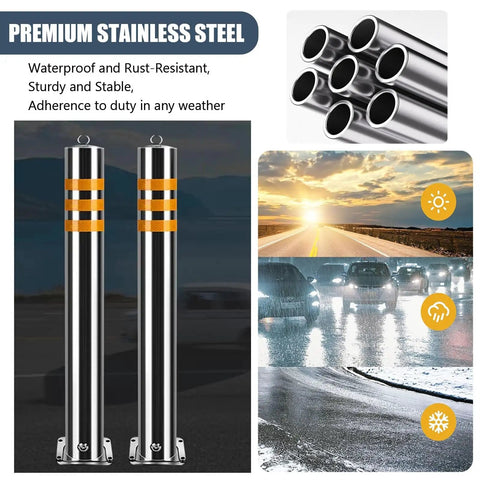 Hella Sturdy Heavy Duty Stainless Steel Safety Bollards 2 Pack Removable Parking Barrier Posts With Lock And Reflective Strips For Driveway Security And Traffic Control Outdoor Guard Posts displayed with reflective bands and weather images.