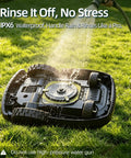 DW3000 Wireless Robotic Lawn Mower With GPS RTK AI Vision Navigation, IPX6 waterproofing shown while being rinsed with water