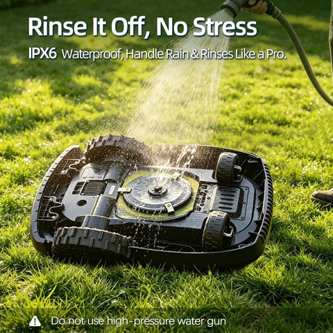 DW3000 Wireless Robotic Lawn Mower With GPS RTK AI Vision Navigation, IPX6 waterproofing shown while being rinsed with water