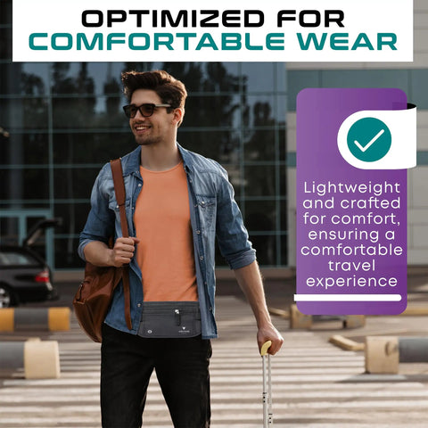 Man wearing RFID Blocking Travel Money Belt And Passport Holder, Slim Wallet Fanny Pack for men, outdoors.