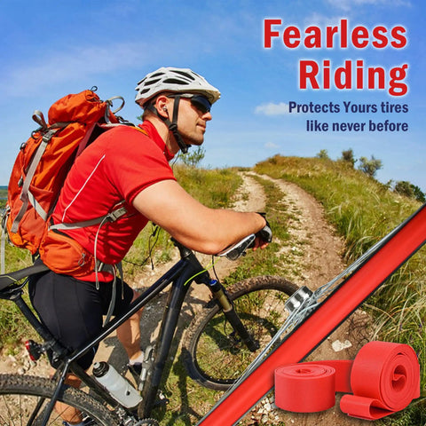 Cyclist on mountain trail with 4 Pack Bicycle Rim Liner Strips 20mm Rim Tape For 700C And 29 Inch, product image with tape and tools.