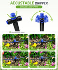 Close-up of adjustable dripper from 50Ft Drip Irrigation Kit For Plants With Quick Connectors, showing various spray settings in garden use.