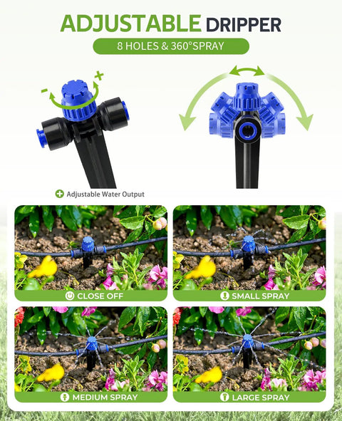 Close-up of adjustable dripper from 50Ft Drip Irrigation Kit For Plants With Quick Connectors, showing various spray settings in garden use.