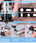 Handheld Pneumatic Chamfering Tool For Metal showing adjustment features for corner beveling and replacement steps for blades.