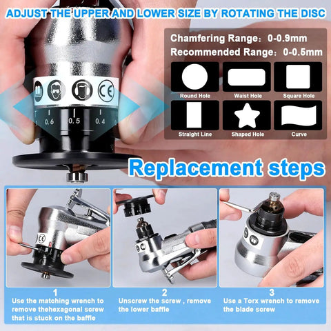 Handheld Pneumatic Chamfering Tool For Metal showing adjustment features for corner beveling and replacement steps for blades.