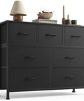 No-Fuss Seven Drawer Fabric Dresser With Bonus Storage Bins For Bedroom Organization And Durable Wooden Top, black fabric, 39.6x11.8x30.4 inches.