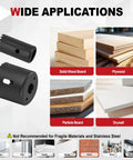 Go-To Wood Door Lock Installation Kit With Adjustable Guide Template And Hole Saw Set For Deadbolts And Knobs Solid Mounting For 1-3/8 To 1-3/4 Inch Doors showing black hole saws on wood and drywall surfaces.