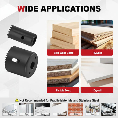 Go-To Wood Door Lock Installation Kit With Adjustable Guide Template And Hole Saw Set For Deadbolts And Knobs Solid Mounting For 1-3/8 To 1-3/4 Inch Doors showing black hole saws on wood and drywall surfaces.