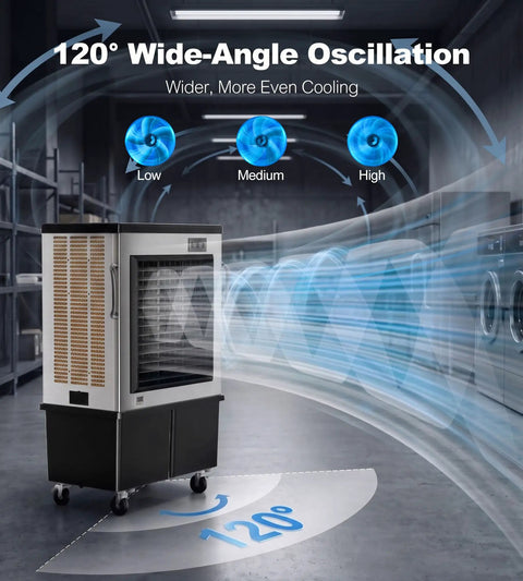 Built Tough Evaporative Air Cooler With 18800 Cfm Covering 3000 Sq Ft For Homes Garages And Shops Featuring Auto Fill System 120° oscillation.