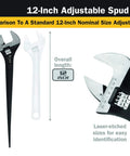 Image comparing a 12-inch adjustable spud wrench with a standard wrench, featuring Built Tough Adjustable Construction Spud Wrench 12 Inch For Heavy Duty Fastener Work, One And A Half Inch Jaw Capacity, Chrome Vanadium Steel, Industrial Black Finish, Precision Jaws With Knurled Worm, Durable And Rust Resistant.
