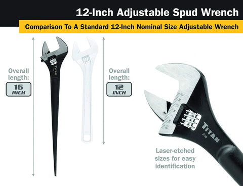 Image comparing a 12-inch adjustable spud wrench with a standard wrench, featuring Built Tough Adjustable Construction Spud Wrench 12 Inch For Heavy Duty Fastener Work, One And A Half Inch Jaw Capacity, Chrome Vanadium Steel, Industrial Black Finish, Precision Jaws With Knurled Worm, Durable And Rust Resistant.