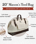 Mason's 20 Inch Tool Bag Canvas Carrier with Full Grain Leather Bottom, White and Dark Tan, spacious pockets, and heavy-duty stitching.