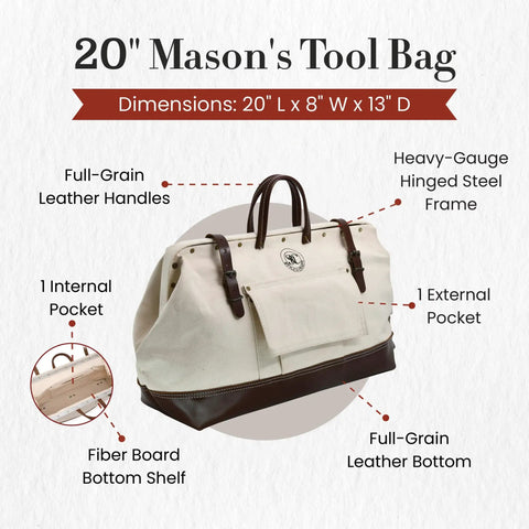 Mason's 20 Inch Tool Bag Canvas Carrier with Full Grain Leather Bottom, White and Dark Tan, spacious pockets, and heavy-duty stitching.