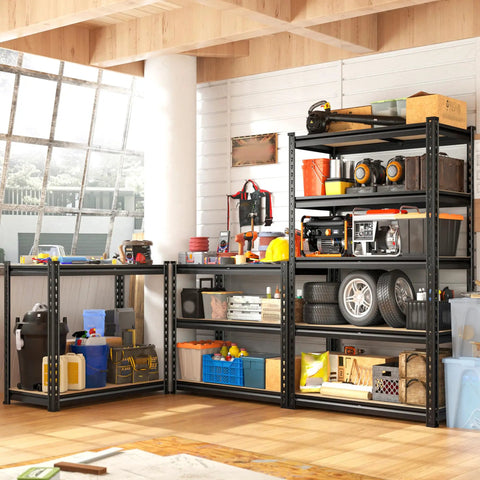 Set Of 3 Heavy Duty 5 Tier Garage Shelves With 2000 Lbs Load Capacity Per Unit, 60 Inch Tall Metal Storage Rack in a garage setting
