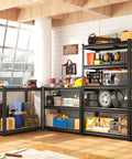 Two Pack Beefy 5 Tier Storage Shelves For Garage And Home, Industrial Grade Steel Shelving With Up To 2000 Lbs Per Shelf, 11.8 Inch Deep, 27.6 Inch Wide, 60 Inch High, Easy Assembly, Ideal For Workshop, Pantry, Basement, Closet in a garage