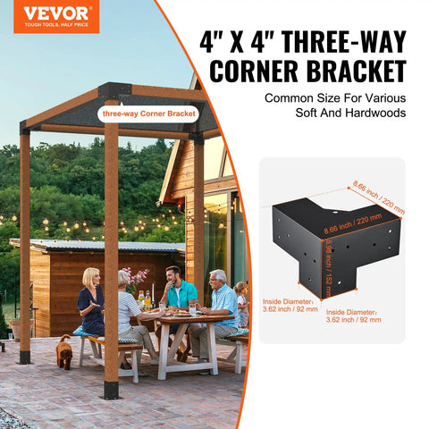 Heavy Duty 4x4 Pergola Brackets Kit with 3-Way Corner Design used in outdoor wooden structure with dimensions shown
