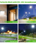 Collage of Dusk To Dawn Outdoor Photocell Switch Kit applications on walls, pathways, parking lots, and pole lights.
