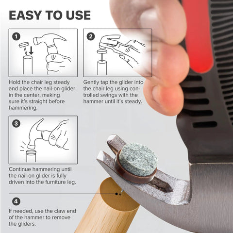 Using Nail-On Furniture Pads Hammer For Installing Floor Protectors with compact 8oz claw hammer demonstrating pad installation.