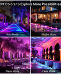 RGBW 25W LED Flood Light Color Changing 16 Million Colors IP66 Indoor Outdoor Uplighting All In One For Events Weddings Parties Stage Lighting 250W Equivalent Warm White 2700K With Remote showcasing DIY color modes at nighttime event setups.