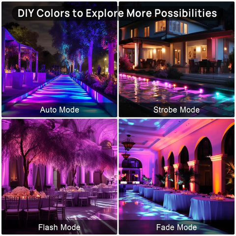 RGBW 25W LED Flood Light Color Changing 16 Million Colors IP66 Indoor Outdoor Uplighting All In One For Events Weddings Parties Stage Lighting 250W Equivalent Warm White 2700K With Remote showcasing DIY color modes at nighttime event setups.