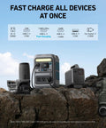 SOLIX C300 Portable Power Station with 288Wh LiFePO4 Battery showing ports and devices on rock outdoors