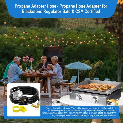 Five Foot Propane Adapter Hose With Regulator And 90 Degree Elbow For Tabletop Griddles Connects 1lb To 40lb Tanks