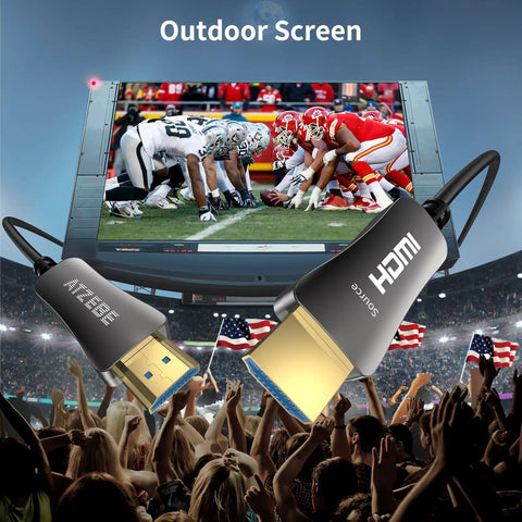 Fiber Optic HDMI Cable 60ft For Dope 4K At 60Hz 18Gbps High Speed with outdoor screen showing football game