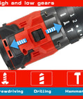 Cordless Drill Tool Only With One Half Inch Metal Self Lock Chuck, 150 Nm Max Torque showing gear settings and modes